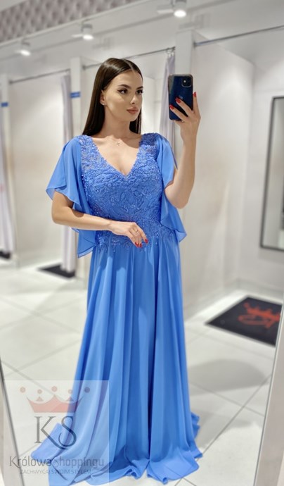 Sukienka długa rękawek zdobiona góra ciemny błękit