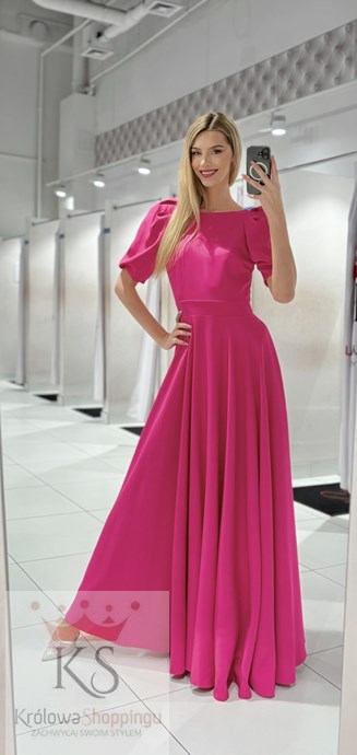 Sukienka długa 3/4 rękawek wiązanie plecy magenta
