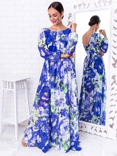 Sukienka długa długi rękaw kwiaty niebieski-biały