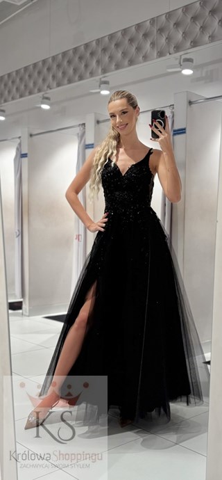 Sukienka długa gorset zdobienie kwiaty tiul czerń