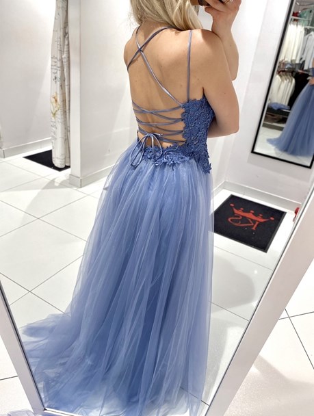Sukienka długa tiul koronka wiązanie tył błękit