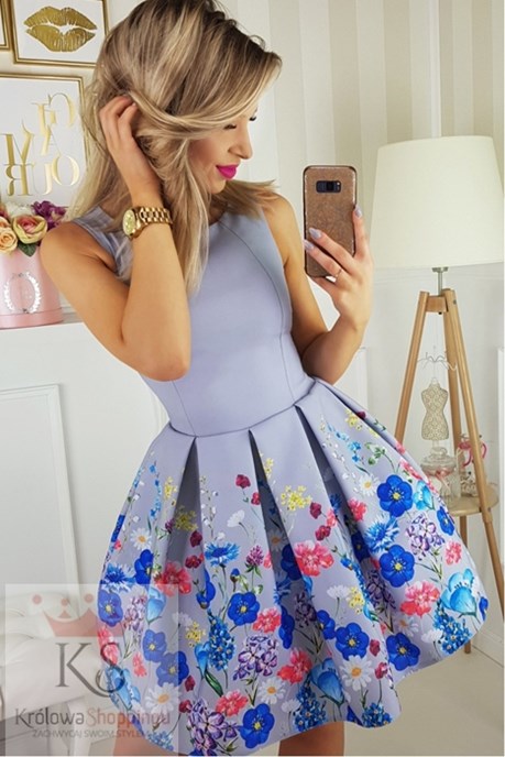 Sukienka krótka gładka kwiaty szary