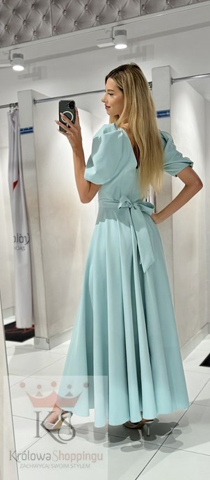 Sukienka długa 3/4 rękawek wiązanie plecy pistacja