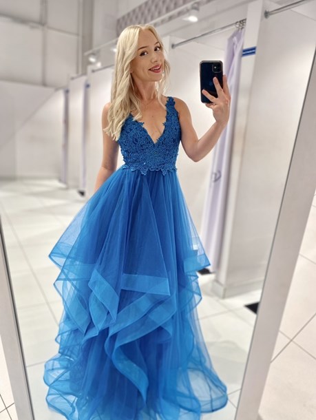 Sukienka długa koronkowa góra tiul turkus