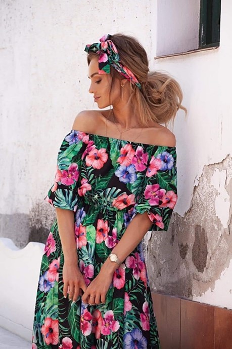 Sukienka długa długi rękaw kwiaty zielony