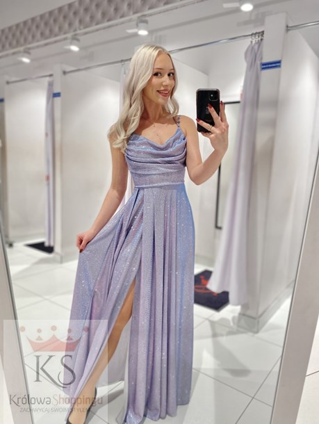 Sukienka długa wiązanie plecy brokat holo srebro