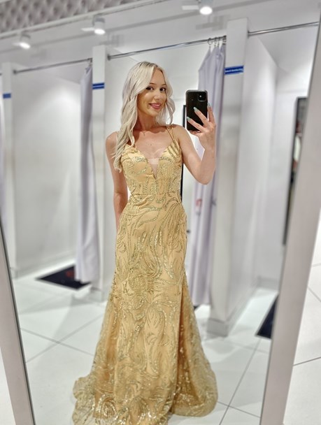 Sukienka długa rybka cekiny brokat złoto