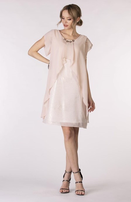 Sukienka krótka falbanka wzór srebro/pastelowy róż