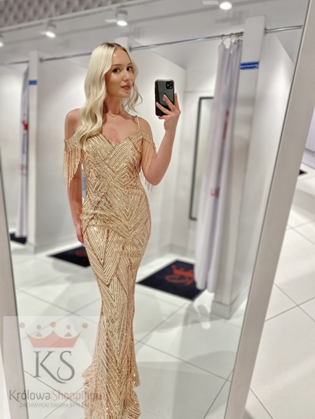 Sukienka długa cekiny rękawek koralik miedź