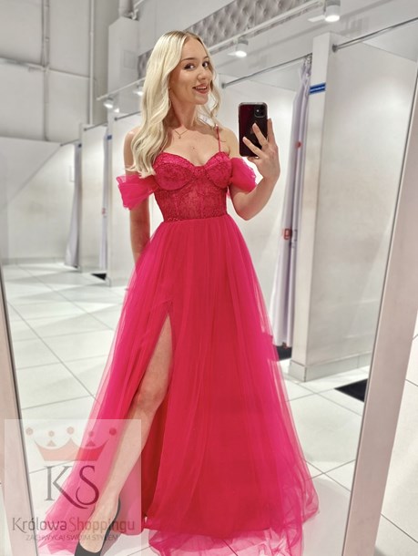 Sukienka długa gorset opadające ramiączko magenta