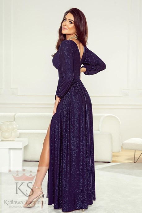 Sukienka długa brokat długi rękaw granat