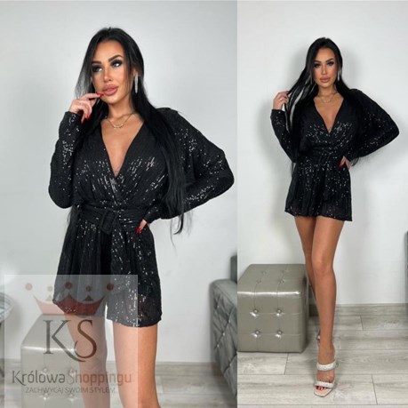 Kombinezon krótki cekinowy z długim rękawem czerń