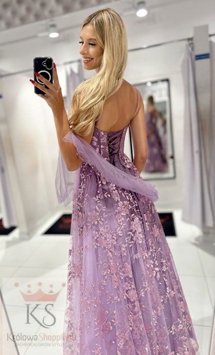 Sukienka długa balowa brokatowe kwiaty fiolet