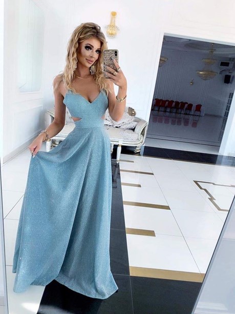 Sukienka długa z wycięciami wiązana brokat błękit