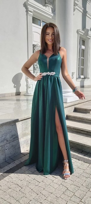 Sukienka długa siatka dekolt ramiączka zielony