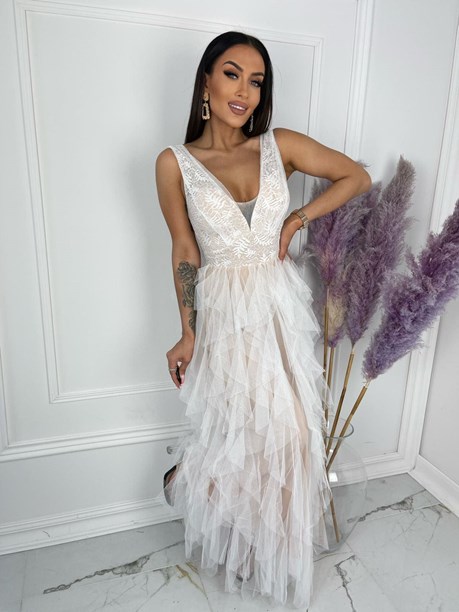 Sukienka długa koronkowy dekolt tiul biel/beż