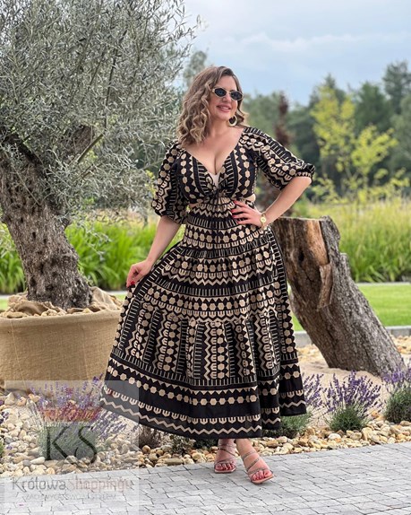 Sukienka midi wiązana czarna wyszywane wzory