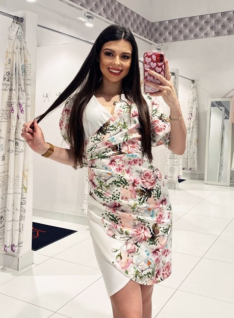 Sukienka krótka długi rękaw kolorowe kwiaty/biel