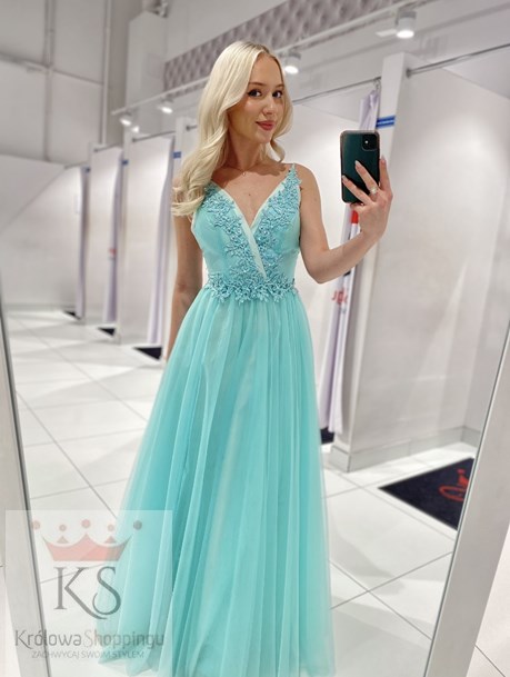 Sukienka długa tiulowa na ramiączkach mięta