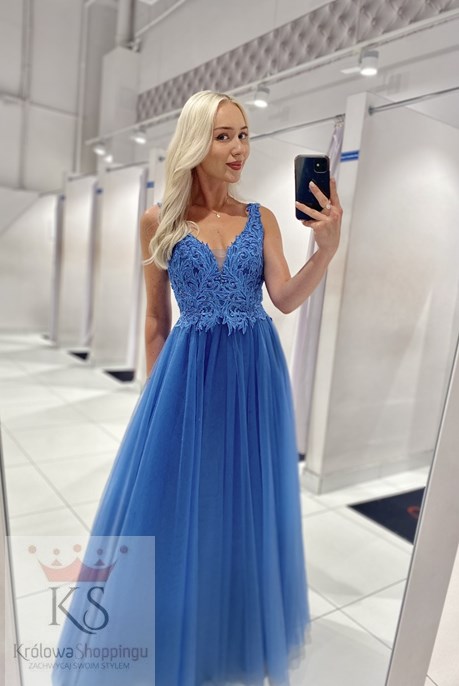 Sukienka długa koronkowy gorset tiul niebieska