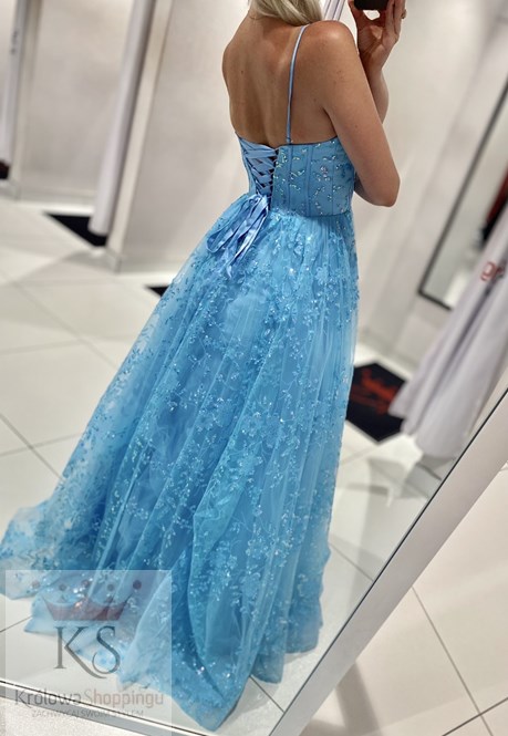 Sukienka długa balowa brokatowe kwiaty błękit