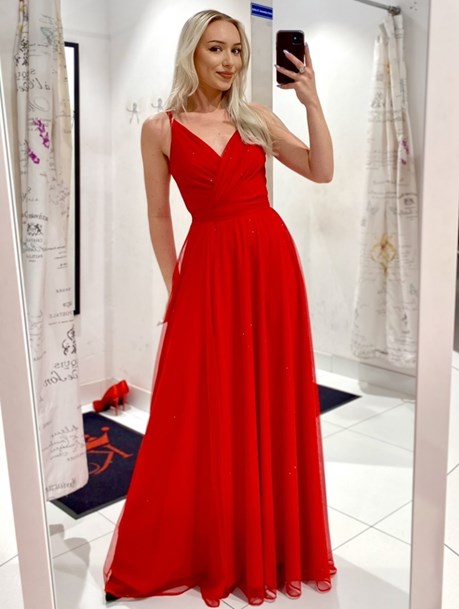 Sukienka długa na ramiączkach tiul brokat czerwień