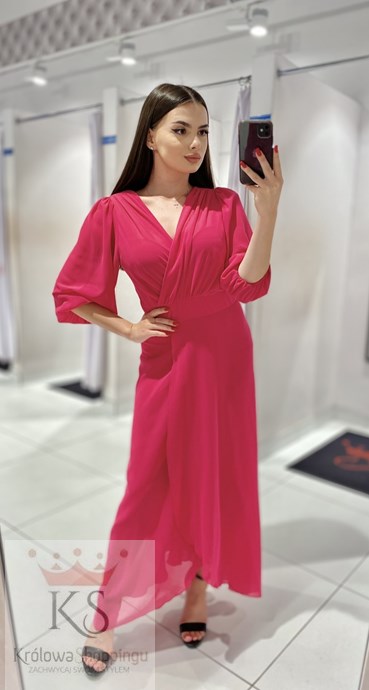 Sukienka długa rękaw pas malina