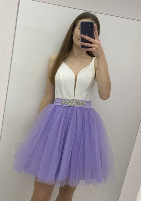 Sukienka krótka ramiączka tiul biały/fiolet