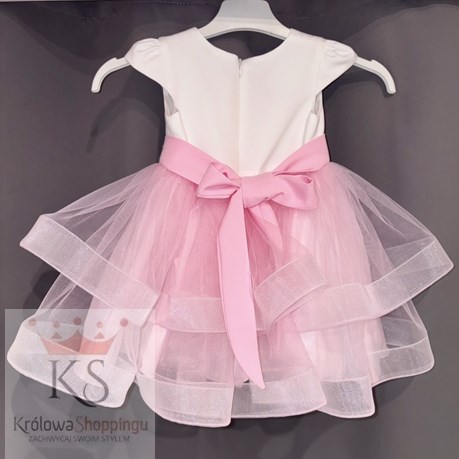 Sukienka dziecięca falbany ozdoba kwiatek biel/róż