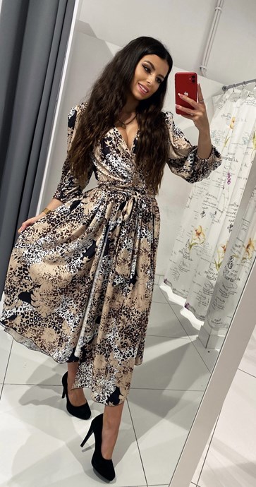 Sukienka midi wzory rękaw przepasana biel/brąz