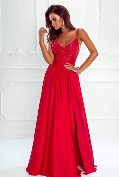 Sukienka długa ramiączka koronka czerwień