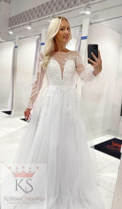 Sukienka długa tył wiązanie rękaw tiul biel