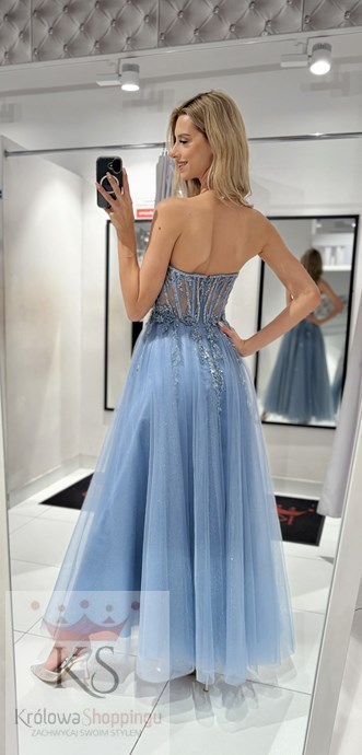 Sukienka długa gorset tiul brokat koraliki jeans