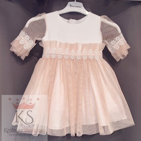 Sukienka dziecięca rękawek koronka morela