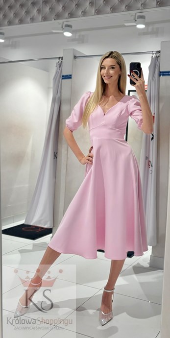 Sukienka midi rękawek 3/4 pas wiązanie róż