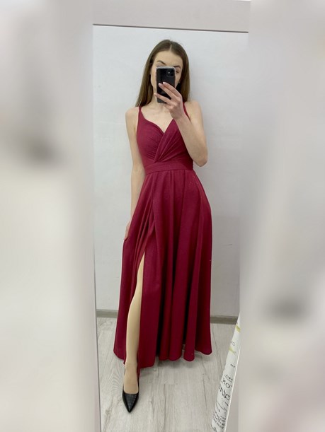 Sukienka długa na ramiączkach brokat wiśnia