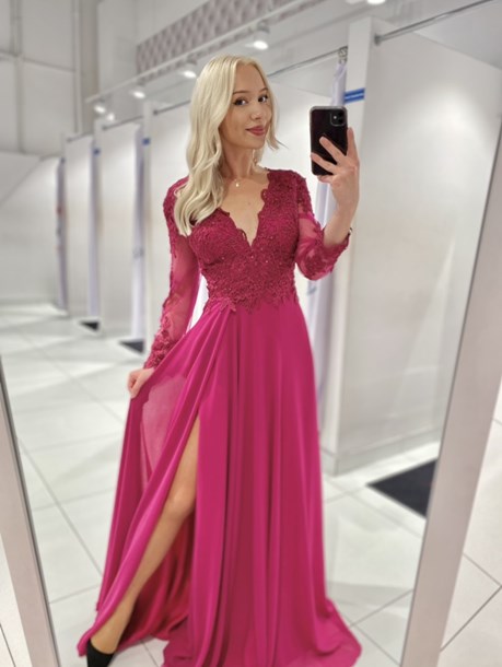 Sukienka długa koronkowa góra długi rękaw fuksja