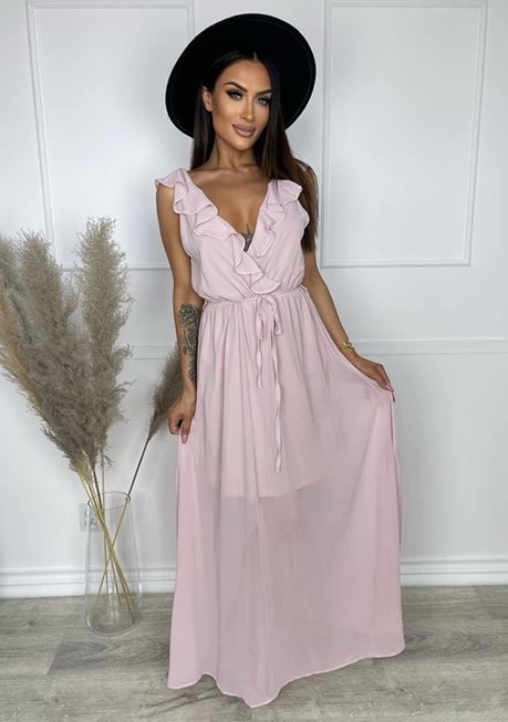 Sukienka długa szyfon falbanka pastelowy róż