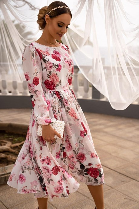 Sukienka midi długi rękaw kwiaty róż-biel