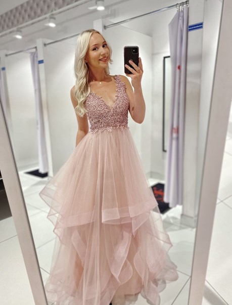 Sukienka długa koronkowa góra tiul wrzos