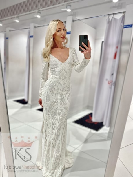 Sukienka długa rybka cekiny biały