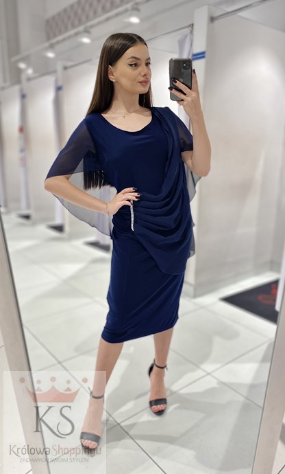Sukienka krótka marszczony szyfon ozdoba granat