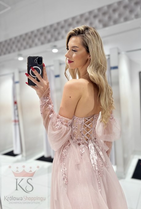 Sukienka długa gorset rękawek koronka tiul róż