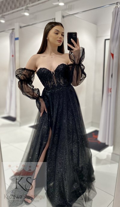 Sukienka długa gorset koronka rękawek tiul czerń