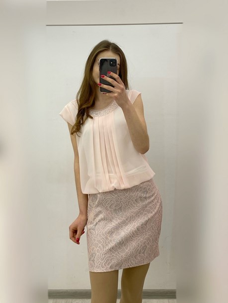 Sukienka krótka wzór dekolt róż/srebrny