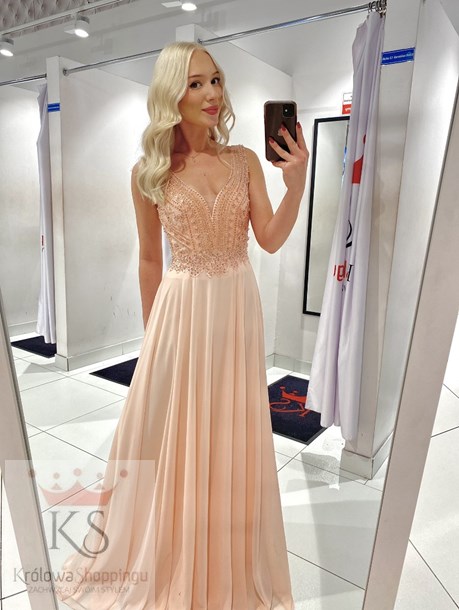 Sukienka długa ramiączka zdobiona góra morela