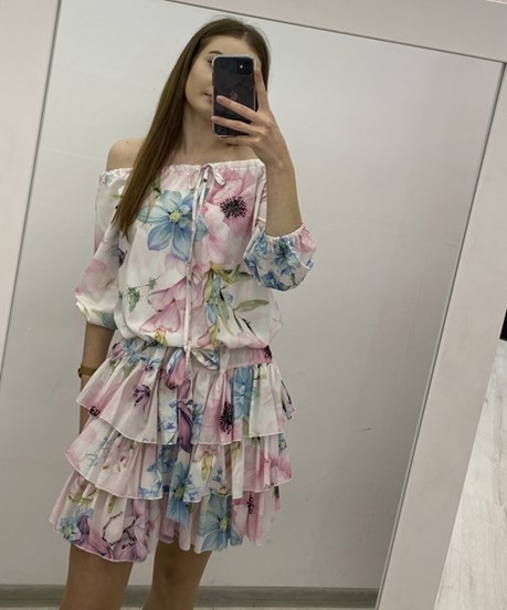 Sukienka hiszpanka kwiaty całość turkus/róż