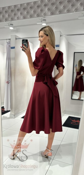 Sukienka midi 3/4 rękawek wiązanie plecy bordo