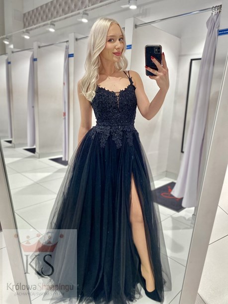 Sukienka długa tiulowa ramiączka koronka czerń