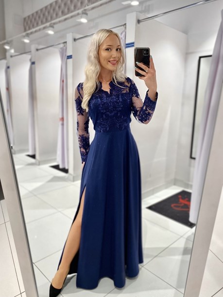 Sukienka długa rękawek koronkowy granat